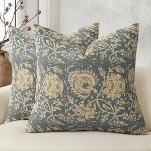 Vintage Floral Print Throw Pillow Covers 20x20 Set of 2 Neutral Modern Farmhouse Decorative Cushion Covers Boho Home Decor for Couch Sofa Chair Bed Living Room Dusty Blue