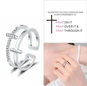 Adjustable Double Layer Cross Ring with Cubic Zirconia for Women Faith Inspired Fashion Jewelry Personalized Birthday Anniversary Gift
