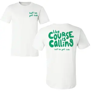 The Course Is Calling Golf T-Shirt, Buff Bo Golf Club Logo Front with Groovy Green Back Print, Retro Bubble Letter Graphic Tee, Soft Cotton Blend Shirt, Trendy Golf Apparel for Men and Women, Gift for Golf Lovers