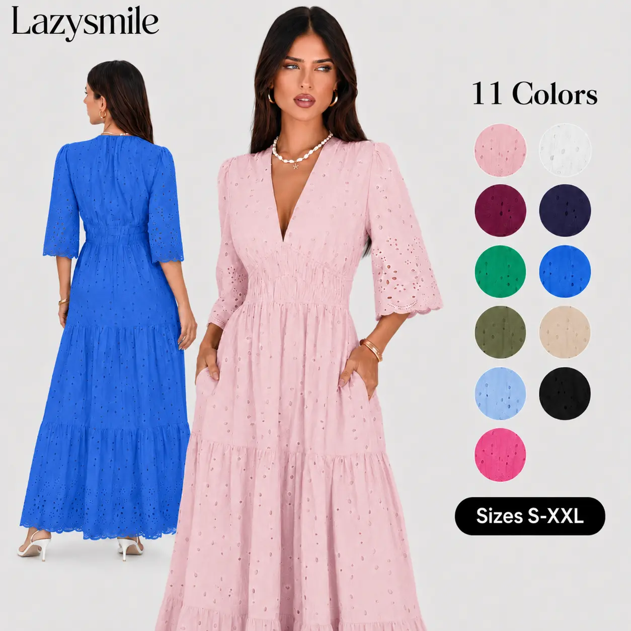 LAZYSMILE Women's Long Sleeve V-Neck Boho Maxi Dress, Elegant Cotton Eyelet Ruffled Swing Vacation Wear, Basic