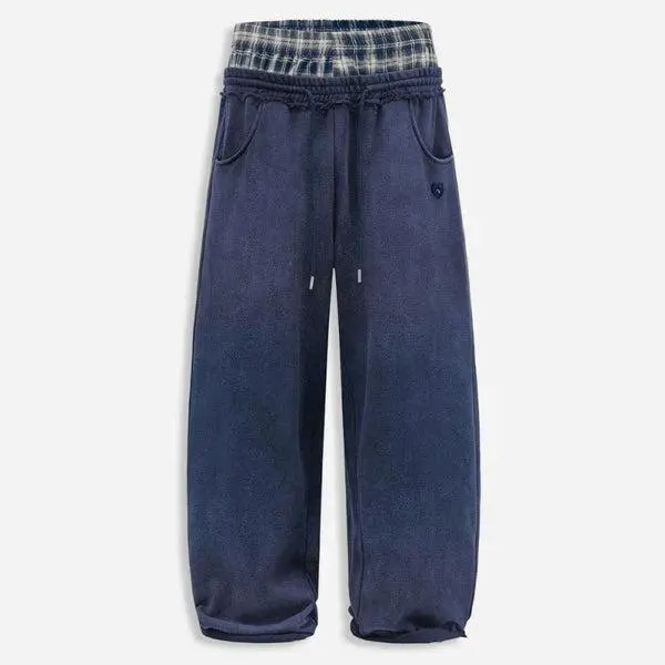 Aelfric Eden Plaid Waist Patchwork Baggy Barrel Sweatpants Double-Layer Plaid Waist Oversized Barrel Silhouette Adjustable Drawstring Washed Vintage Fabric Unisex Lazy Casual Pants