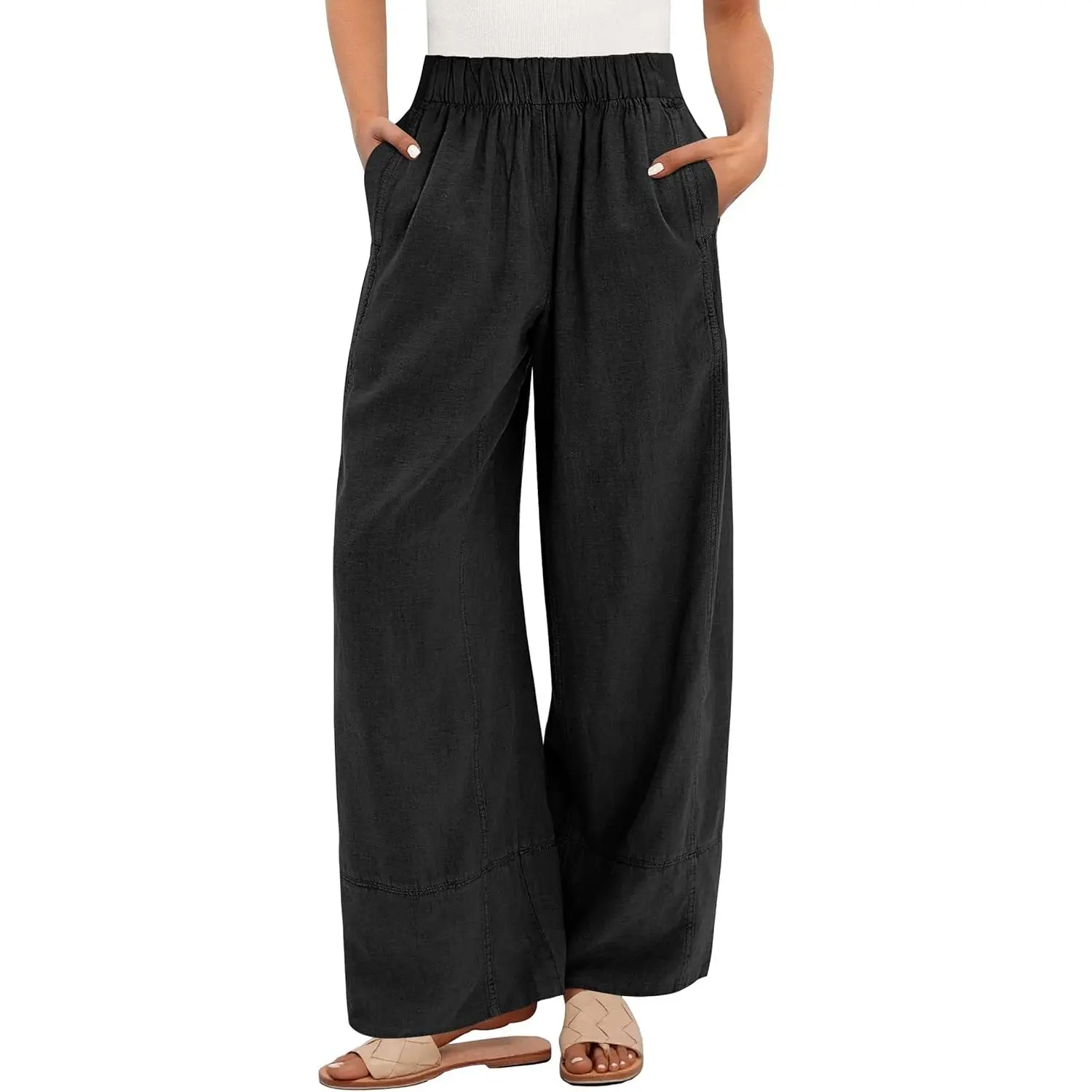 ANRABESS Women's Wide Leg Linen Pants Summer Boho Casual Elastic Waist Long Resort Travel Pants Trousers with Pockets