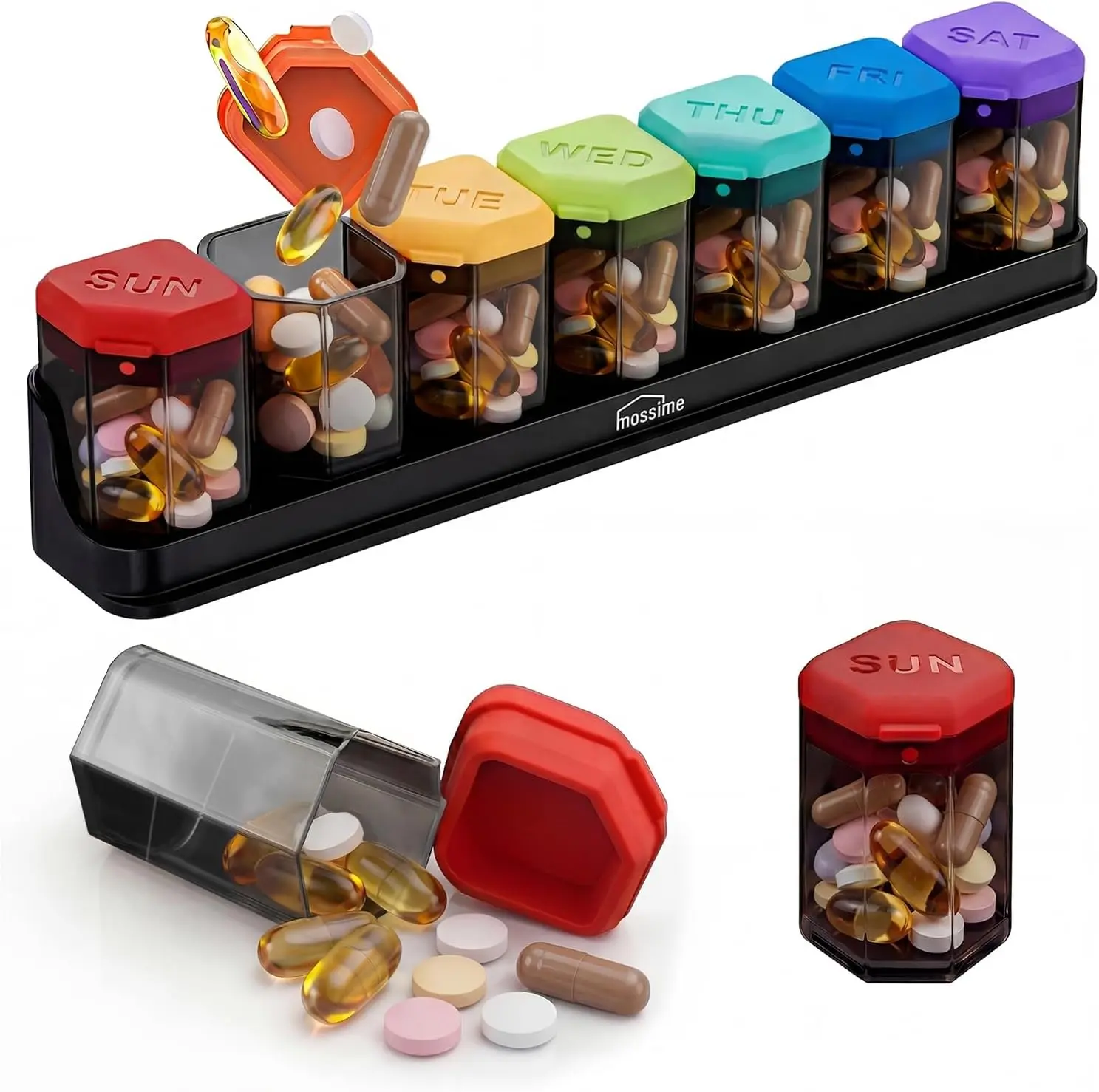 Large Weekly Pill Organizer 1 Time a Day, Multi-Colored | BPA-Free, Spill-Resistant, Detachable 1-a-Day Boxes, for Vitamins & Medication, Travel-Friendly, Velvet Pouch