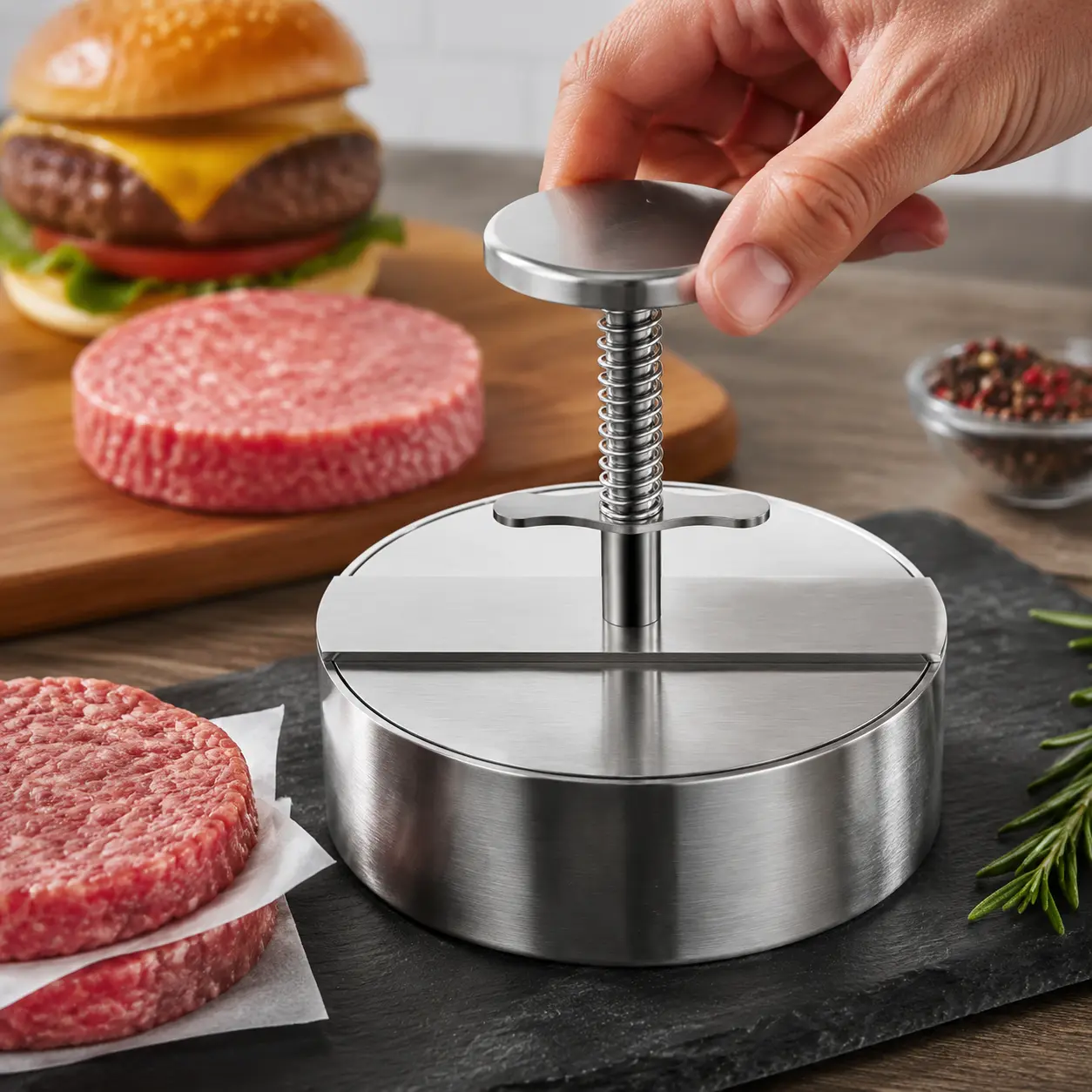 304 Stainless Steel Spring-Loaded Hamburger Press Patty Maker - Adjustable Thickness Kitchen Utensil, Manual Meat-Shaped Mold for Homemade Burgers, BBQ, Utensils