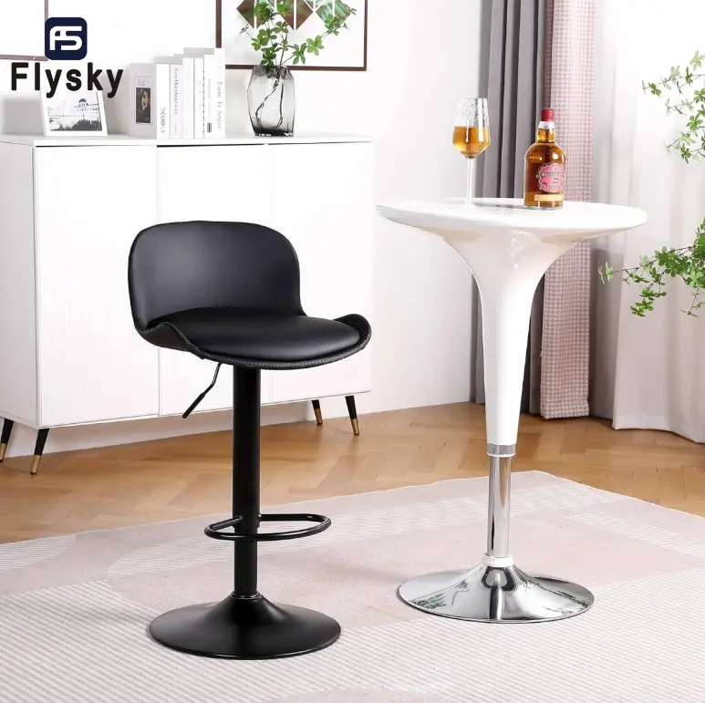 FlySky PU Leather Swivel Bar Stool - 360° Rotatable, Adjustable-Height, Adjustable Back, Anti-Stain, Cat Scratch Resistant, Armless, Curved Upholstered, Quick Assembly, Modern Backrest & Footrest, for Kitchen Island, Black Seat, Swivel Chairs, Assembly Re