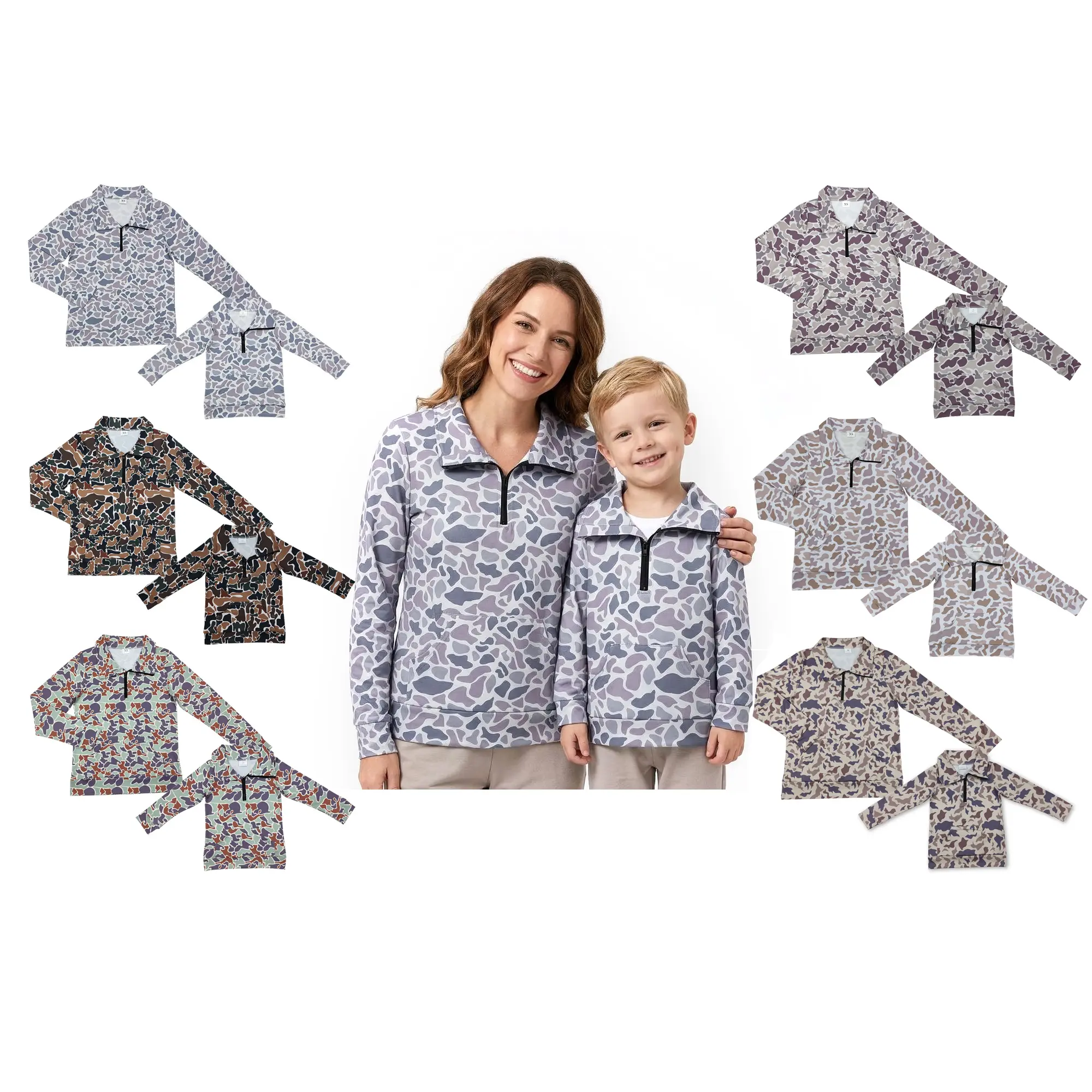 Mama & Kids' 2-Piece Casual Camo Print Collared Zipper Long-Sleeve Pullover Matching Set, Cozy for Hunting Season Outdoors