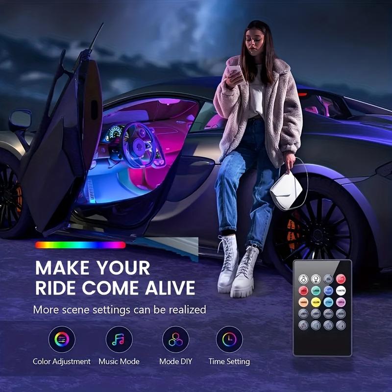 Remote-Controlled Ambient Lights for Cars, Voice-Activated Interior Lights, Multi-Color, Music-Responsive Strip Lights for The Car Interior.