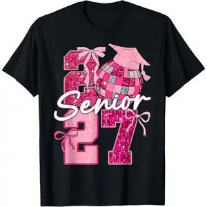 Senior 2027 Class of 2027 Pink Bow Graduation Girl Disco T-Shirt