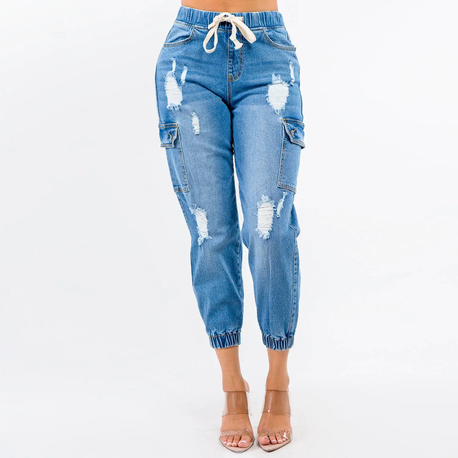 Distressed Denim Jogger Pants - Plus Size