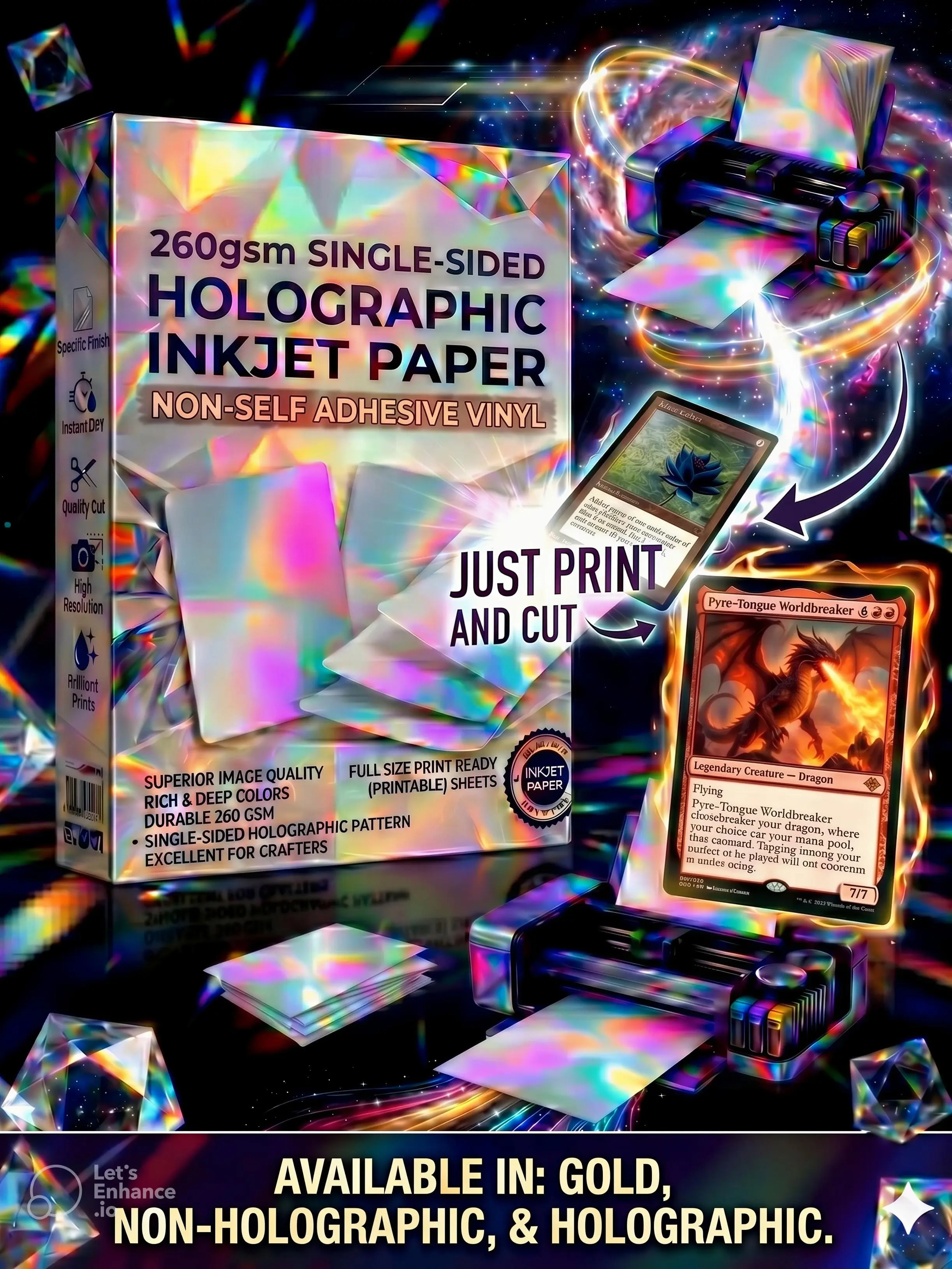Holographic Foil Paper for Inkjet Printers, Single Sided A4 Printable Cardstock for DIY Trading Cards & TCG Proxies, Rainbow Silver Gold Holo Card Stock for Card Making & Scrapbooking, No Vinyl No Laminator