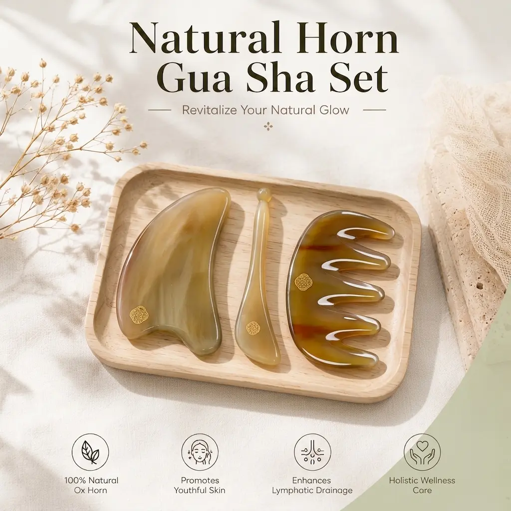 [FANYAN CRAFTSMAN] Natural Ox Horn Gua Sha Set 3-in-1 Kit, Scalp Neck Lymphatic Drainage Massage Comb, Facial Gua Sha Tool for Morning Depuffing & Jawline Sculpting, Head Body Acupressure Stick, Birthday Holiday Wellness Gift.