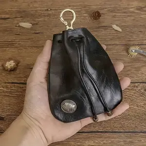 Vintage Handmade Cowhide Wallet Mini Women's Key Pouch | Top Vegetable Tanned Leather Coin Purse with Keyring | Multi-Functional Car Key & Card Holder | Striped Pattern, Magnetic ClosureIdeal for Valentine'S & Father'S Day Gifts