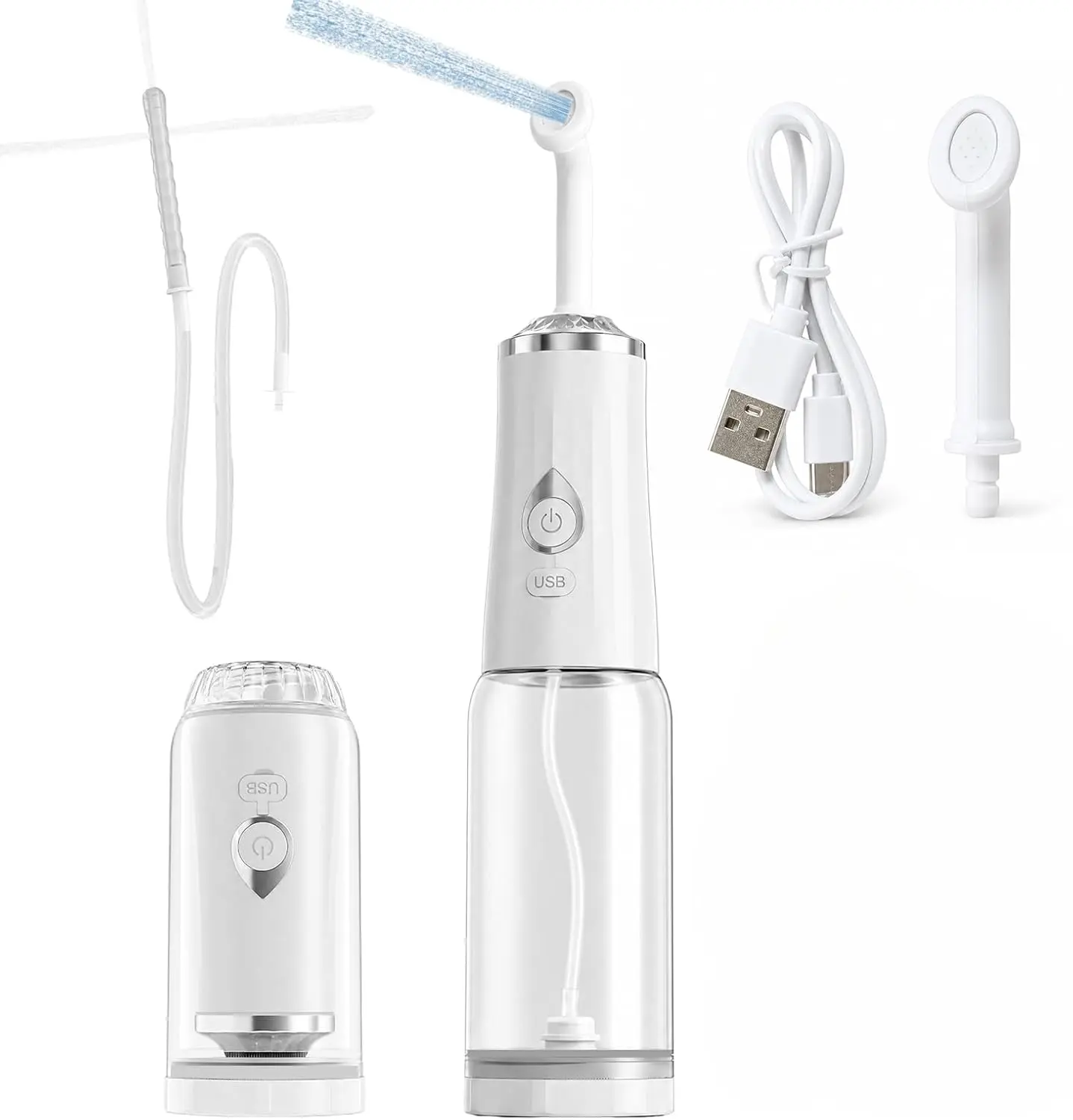 Electric Portable Bidet for Travel, Rechargeable Handheld Bidet Sprayer with USB-C, 4 Pressure Modes & 2 Specialized Nozzles for Front/Rear Wash, IPX7 Waterproof, Bottle Compatible, Detachable(White)