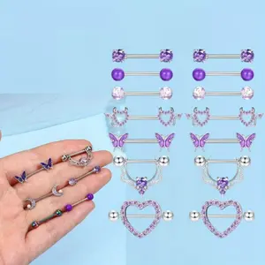 1Set Nipple Rings Stainless Steel Heart-shaped Butterfly Moon Flower, Barbell Set Cute Piercing Jewelry Ladies Purple septum stack belly