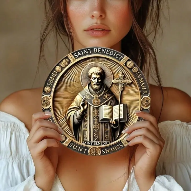 Aluminum 2D Wall Art Gold Embossed St Benedict Medal Plaque 8x8 Inches Easy Hanging for Home Kitchen Living Room Office Indoor Outdoor Durable Waterproof Rustproof Decor