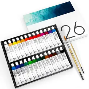 Watercolor  Set - 28 count Kit for Adults, Beginners & Professional Artists - 26 x 12ml Liquid Water Color Tubes & 2 Painting Brushes - Richly Pigmented Vibrant Colors - Art Supplies
