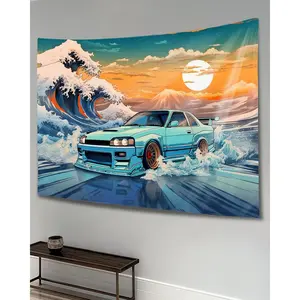 Car Tapestry Wall Hanging Wall Art Car Flag R33 Japanese Great Wave Jdm Ocean Wall Tapestry for Bedroom Living Room Wall Decor for Men and Women
