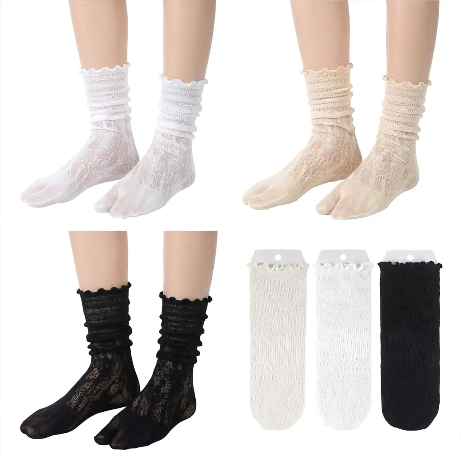 3 Pairs Lace Sexy Tabi Socks Women Split Two Toe Socks Japanese Toes Separated Sock Ruffle Frilly Sports Casual Sock for Men Women Unisex