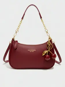 New Fashion Classic PU Waterproof Shoulder Bag, Cherry Charm, Printed Design, Metal Chain Decor, Women's Handbag for Shopping, Commuting, Travel