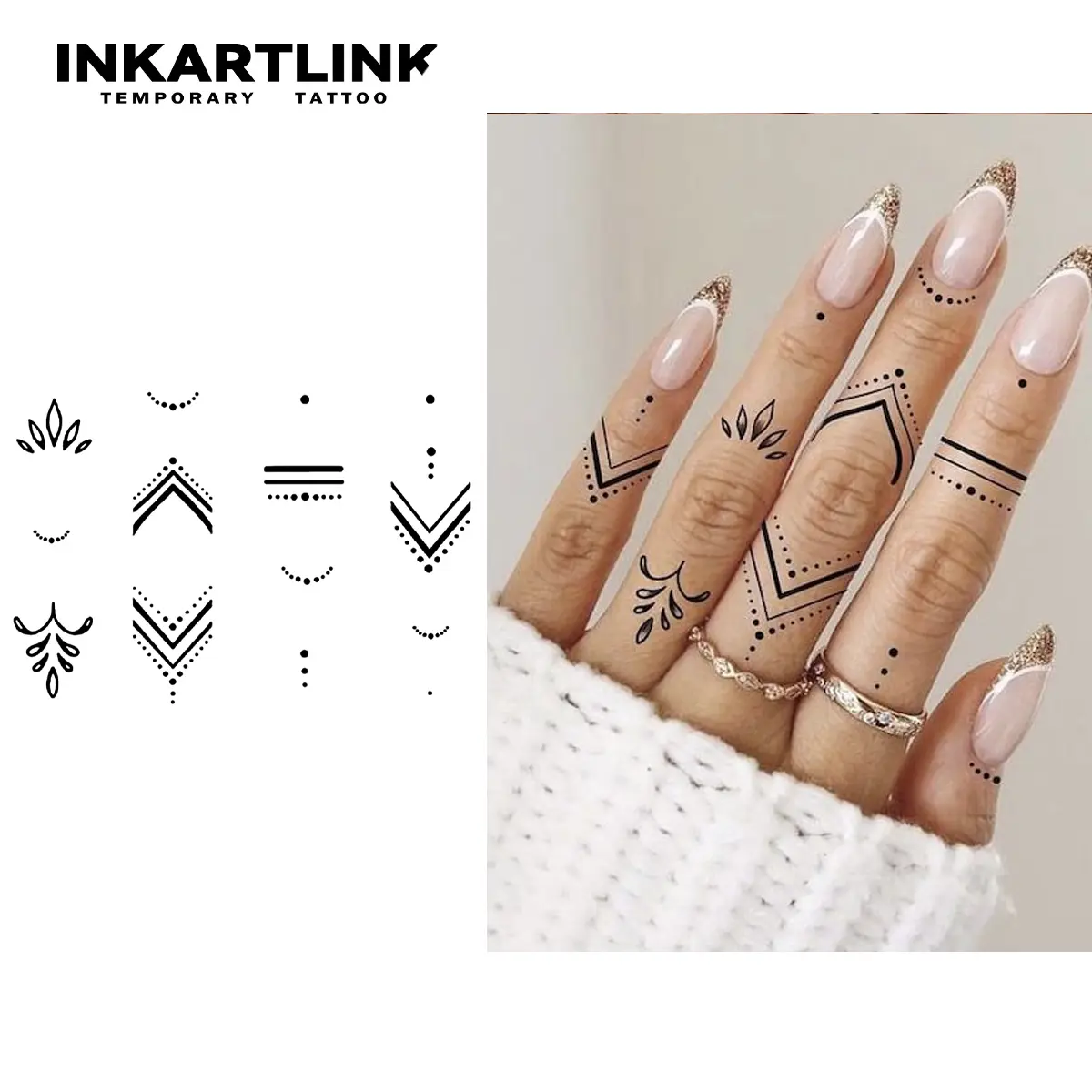 INKARTLINK Women's Ephemeral Tattoos - 2-Piece Henna Art Fake Removable Temporary Finger Stickers, Waterproof, Long-Lasting, All Skin Friendly, Single Item for Parties, Tattoo Art