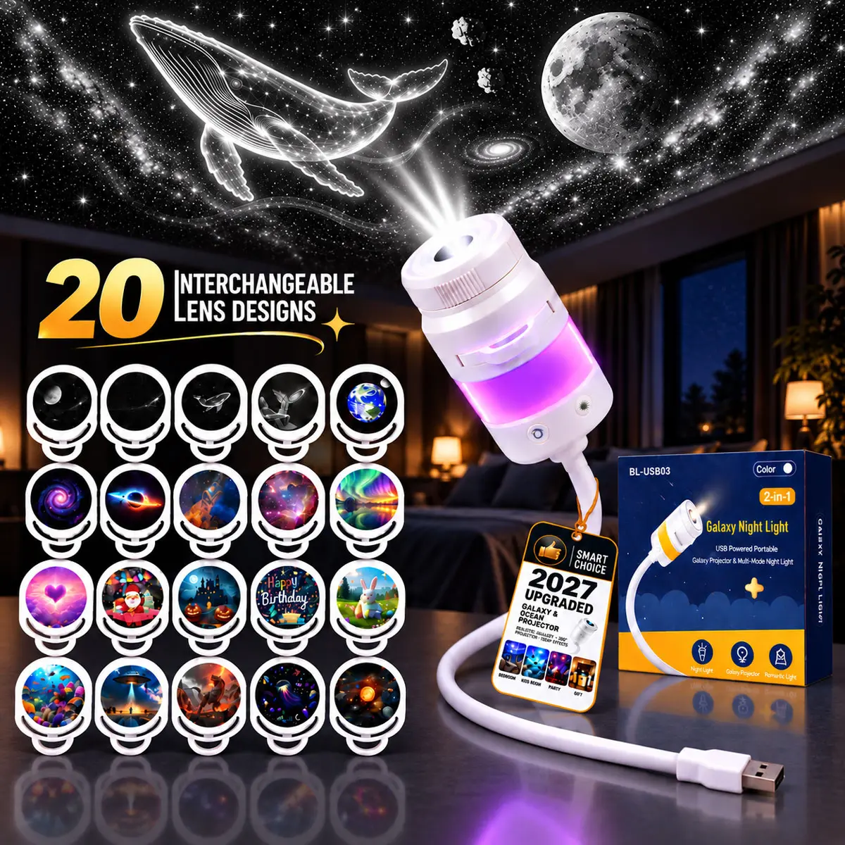 2027 Upgraded 2-in-1 4K Galaxy Planetarium Star Projector with 20 Film Discs | Sleep Night Light Bedtime Relaxation Lamp - Ultimate Birthday Halloween Christmas Gift for Kids Adults