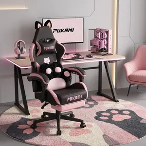 Ergonomic Reclining Gaming Chair With Removable Cat Ears & Cat Paw Lumbar Support, Adjustable Height Swivel PC Chair With Footrest Headrest, Comfort Desk Seat For Kids Girls Teens