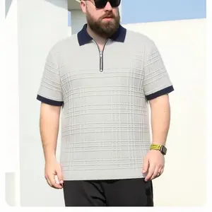 Men’s plus-size half-zip polo shirt, loose fit that flatters the figure, suitable for various body types, fits sizes 250–300, breathable and doesn’t trap sweat, with a checked textured pattern.