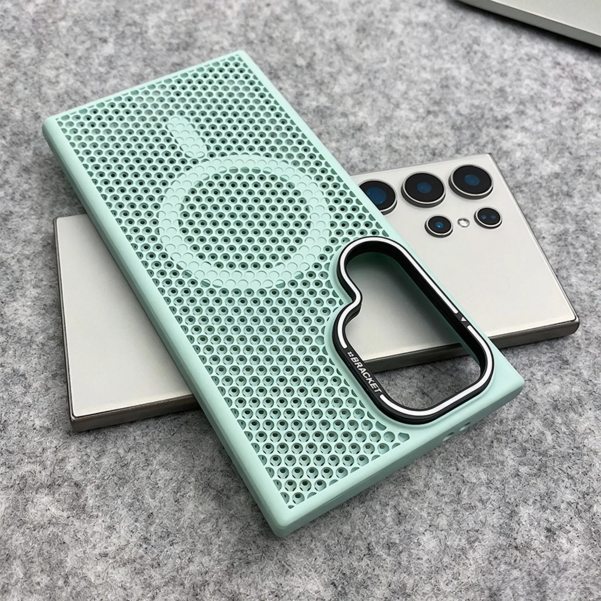 Honeycomb cooling magnetic bracket protective case for Samsung S25 Ultra, S24, S23 - PC shockproof protective case with lens bracket