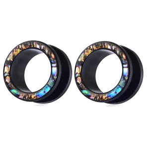Pair Black Surgical Steel Abalone Shell Screw Fit Steel Tunnels Ear Plugs Gauges