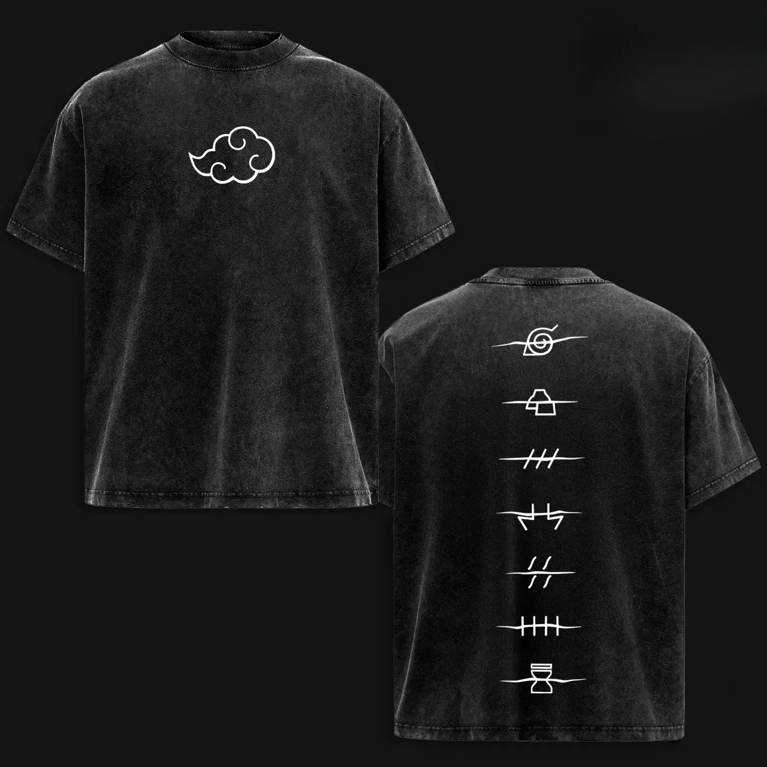 Men's Pure Cotton Print T-Shirt - Classic Oversized Relaxed Fit, Retro Washed Lightweight Short-Sleeve Round Neck, Naruto Akatsuki Clan Logo Graphic Streetwear Apparel for Anime Fans