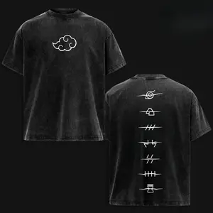 Men's Unisex Naruto Anime Akatsuki Clan Logo Retro Washed Oversize Heavyweight Cotton Shortsleeve Round Neck Tshirt, High-Quality Vintage Streetwear Top for Naruto Fan Casual Wear