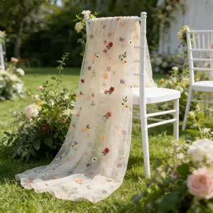 2Pcs, light beige embroidered mesh, with various floral embroidery on the thin gauze, suitable for spring themed wedding venue decoration, decorative chair back straps, table flags, hand-held flower packaging, bridal veil, dessert table, wedding car
