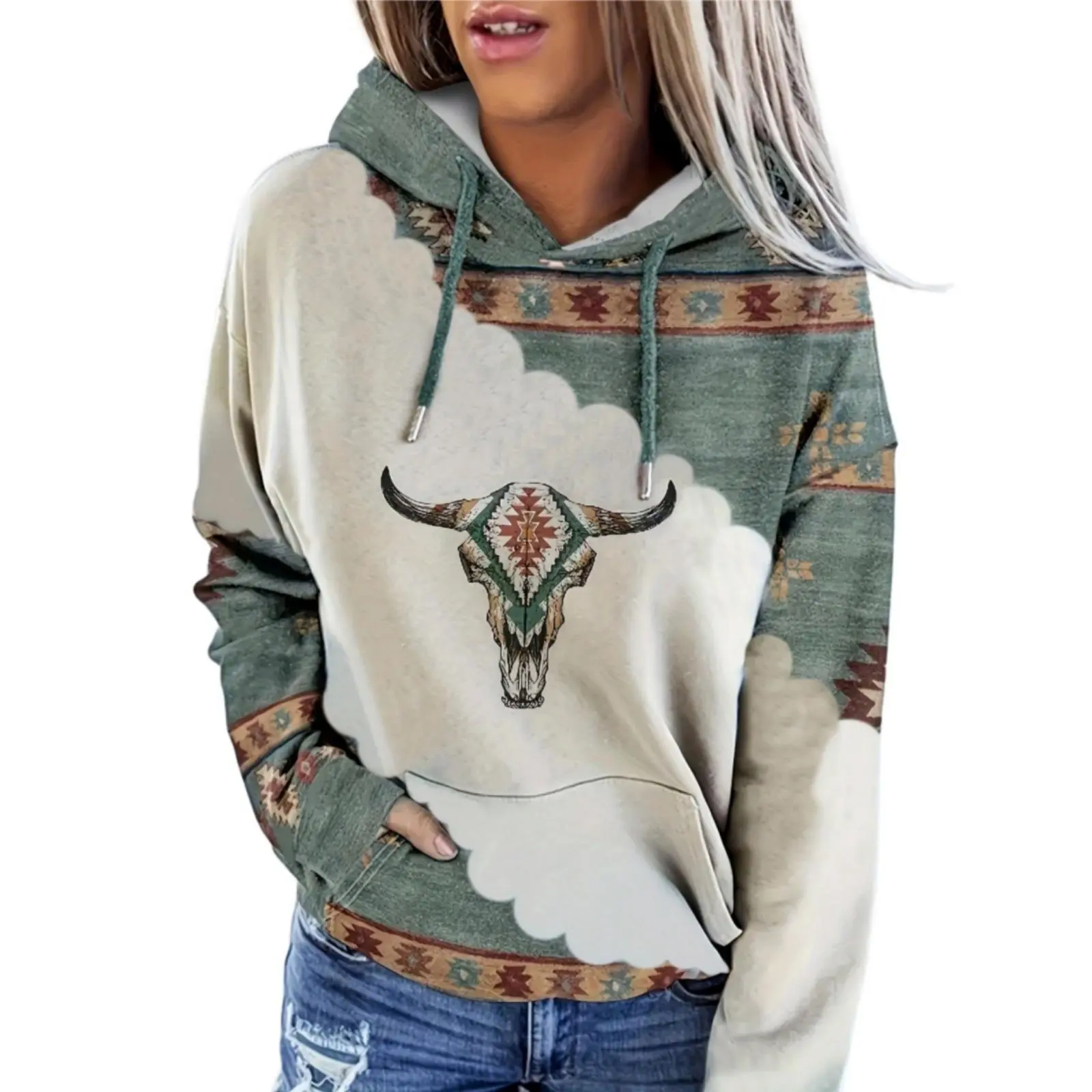 Women's Aztec  Hoodie Unisex Tribal Bull Head  Drop Shoulder Hoodie, Boho Casual Drawstring Pocket HoodedSweatshirt for Daily Holiday Outdoor Wear,Bohemian Fashion Women's Clothes for Spring & Fall Tops Y2K Halloween sweatshirt
