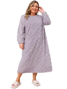 Agnes Orinda Women's Plus Size Cozy Long Sleeve Pajama Dress Fuzzy Loungewear Loose Home Wear Long Nightgowns Purple