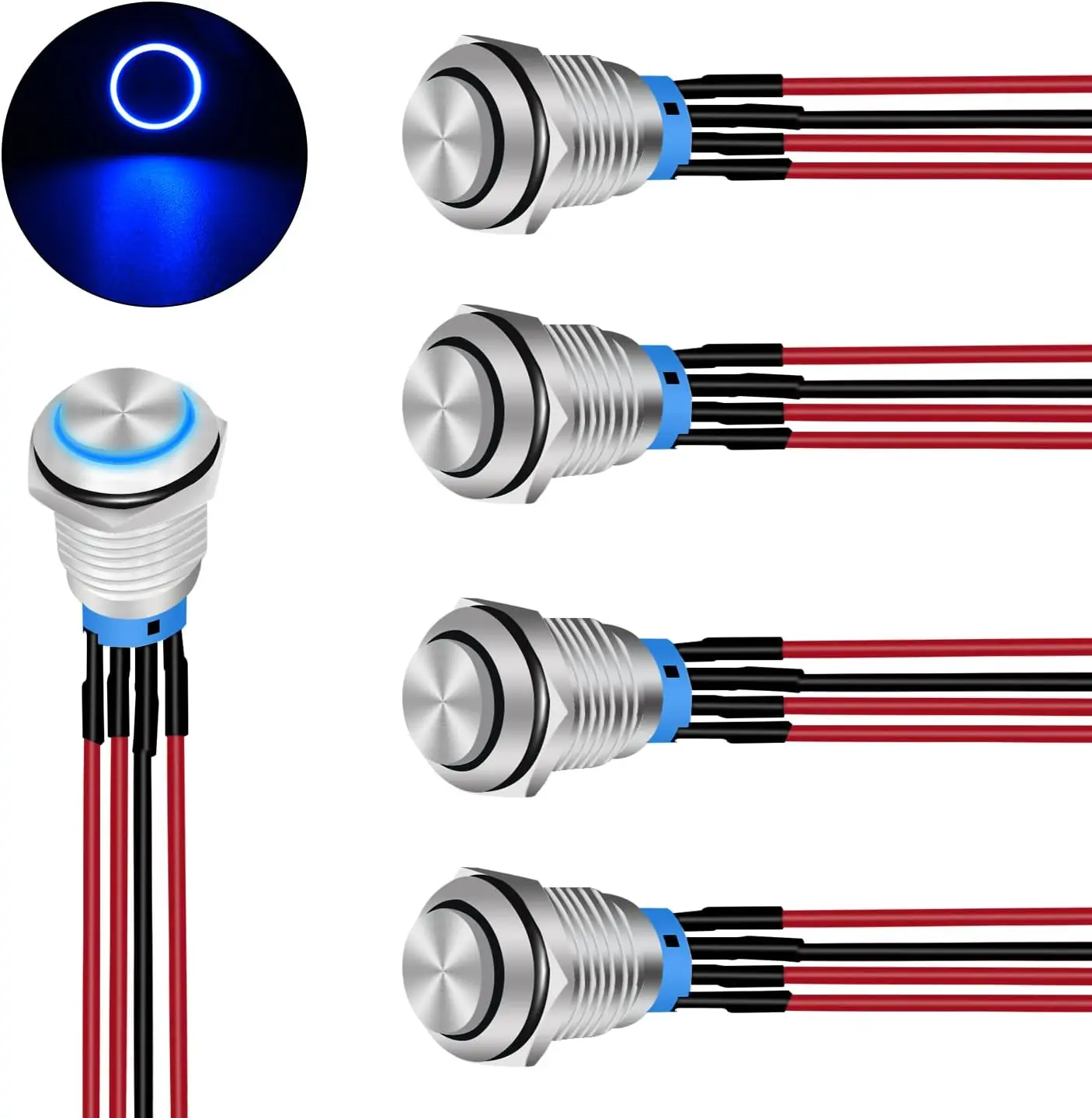 5-Pieces 12mm Stainless Steel Momentary Pressable Push Button Switches - Pre-Wired 4-Pin Cable, Blue LED Ring Light, Waterproof On/Off Press Switches for Car, Boat, DIY Enthusiasts’ Electrical Modification