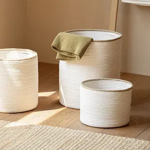 Woven Storage Basket, Cotton Rope Clothes Organizer, Cross-Border Dirty Laundry Bin, Durable Fabric Design, Ideal for Home Use, Laundry Hamper