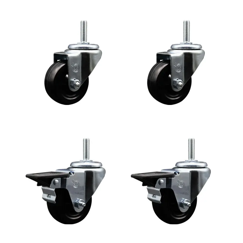 Service Caster SCC-TS20S314-HRS-58212-2-PLB-2 Hard Rubber Swivel Threaded Stem (4-Pack) - 2 with Posi-Locking Brakes, 3x1.25 in Black Wheels, 0.63 in Stems, 275 lbs Load Capacity Each, Impact-Resistant for Material Handling Equipment, Shop Projects