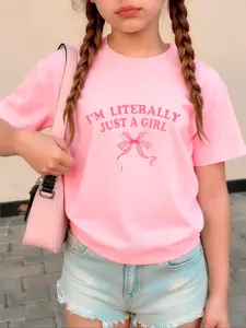 Girls' Outdoor Round Neck Short Sleeve Top, Bowknot Design, I'm Literally Just a Girl Letter Print, Casual Comfort Fit, Graphic Tee, Bowknot Print Shirt