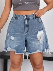 Women's Plus Size Denim Shorts Button Fitted Fit Spring Summer Fashion Ripped Design Breathable Comfort Elegant Casual Wear