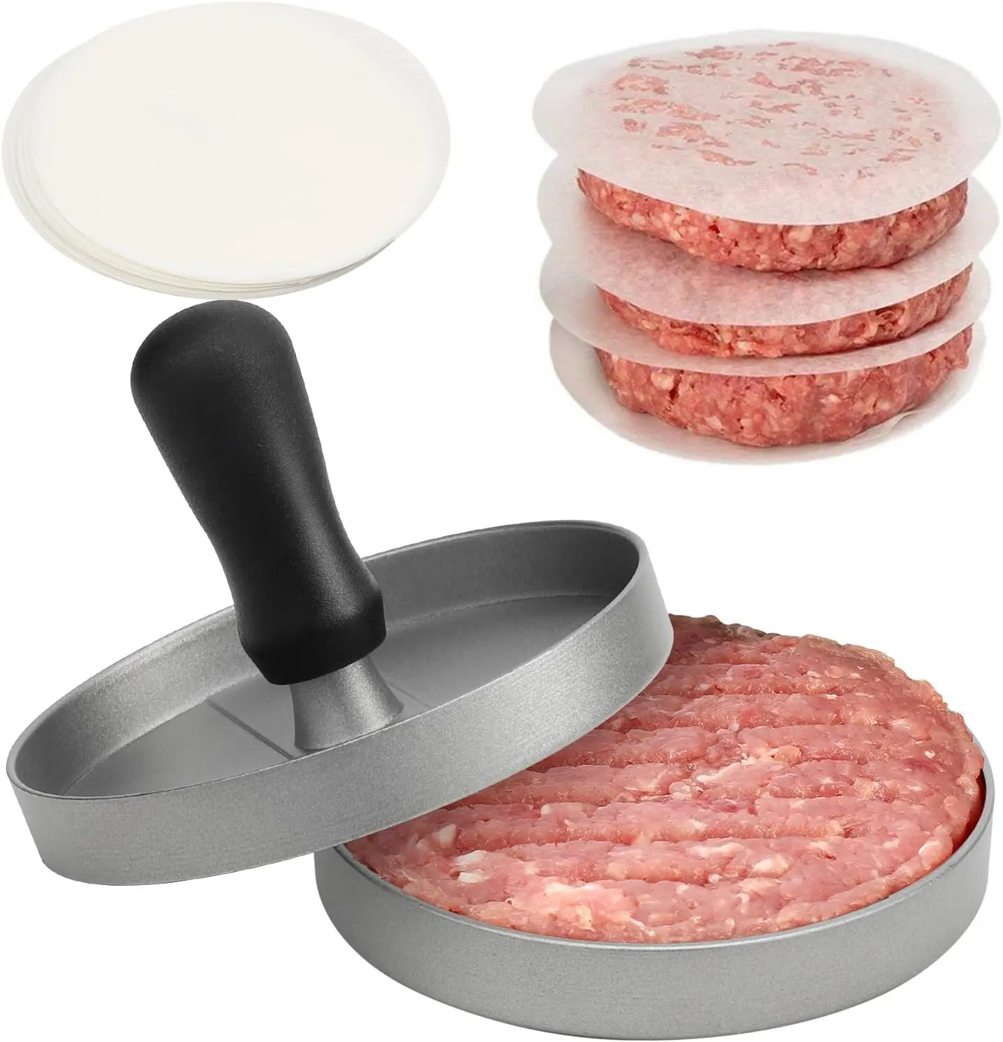 Non-Stick Aluminum Hamburger Patty Maker - Shaped Burger Press with Groove Pattern Ring, Handle Grips, 150 Wax Paper Sheets, Durable Kitchen BBQ Grill Utensil