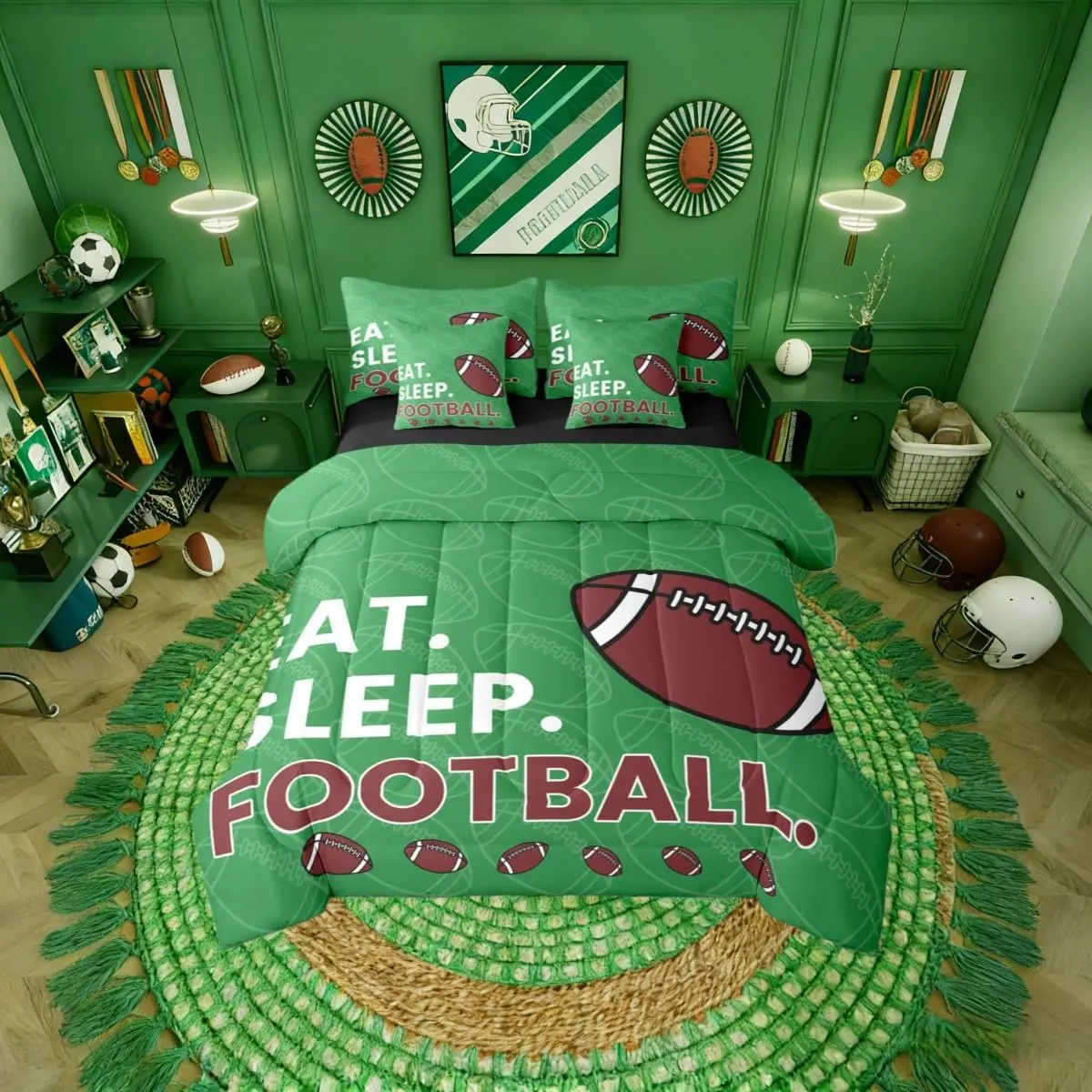 Green Rugby Gaming 7 Piece Bedding Set | Ball Games Comforter Set with Sheets Football Bed in A Bag Sports Bed Sets