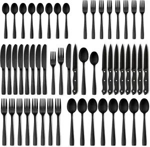 24/48-Piece Silverware Set with Steak Knives Matte Black Flatware Set for 4/8 Stainless Steel Tableware Cutlery Set Utensil Sets for Kitchen Dinnerware
