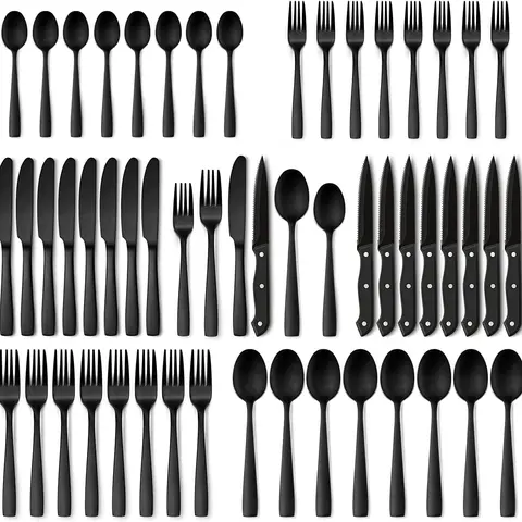 Stainless Steel Silverware Set - 48-Piece Mirror-Shine Look Cutlery with Blade, Extra Steak Knives, Sturdy Tableware for 6-10 People, Kitchen Use, Housewarming Gift (Black Option)
