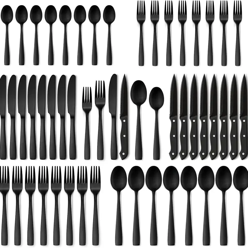 Stainless Steel Silverware Set - 48-Piece Mirror-Shine Look Cutlery with Blade, Extra Steak Knives, Sturdy Tableware for 6-10 People, Kitchen Use, Housewarming Gift (Black Option)