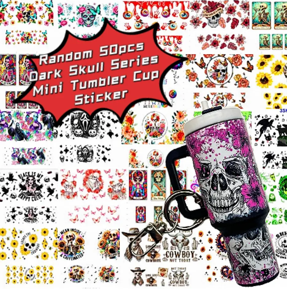 50pcs Dark Skull Ghost Horror Gothic Undead Themed Mini Tumbler Ice Cup Stickers, Creepy Style Ghost-Shaped Skull Graphic Miniature Keychain Stickers for Fashion Accessories, Sticker, Ghost-Shaped Keychains