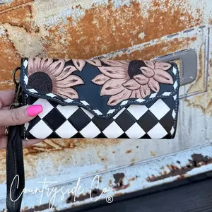 Women's Snap Checkerboard Sunflower Leather Wristlet Wallet - Stylish Luggage and Bags Accessory