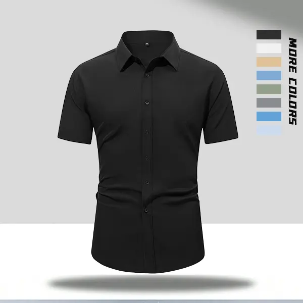 Men’s Summer Slim Fit Solid Color Silky Natural Denim Fabric Short Sleeve Business Cargo Shirt - 8 colors, deformation-resistant, suitable for office commuting, business meetings, Seamless, Hem, Drape, Shortsleeve