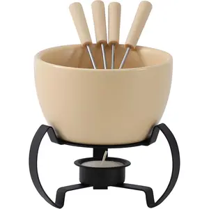 Chocolate Melting Pot Fondue Set, Tealight Cheese Chocolate Butter Warmer Melting Cup Set with 4 Forks, Beige, for Personal or Family Daily Use