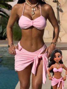 3pcs Women's Swimsuit, Basic Sexy Bikini Sexy Style solid colour,Retro Swim sarong Coverups Beach Outfits For Woman Christmas party outfit ,gift for her，velentines vacation