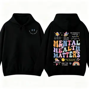 Mental Health Matters Double-Sided Hoodie with Positive Affirmation Retro Groovy Design Oversized Fit Casual Pullover for Women